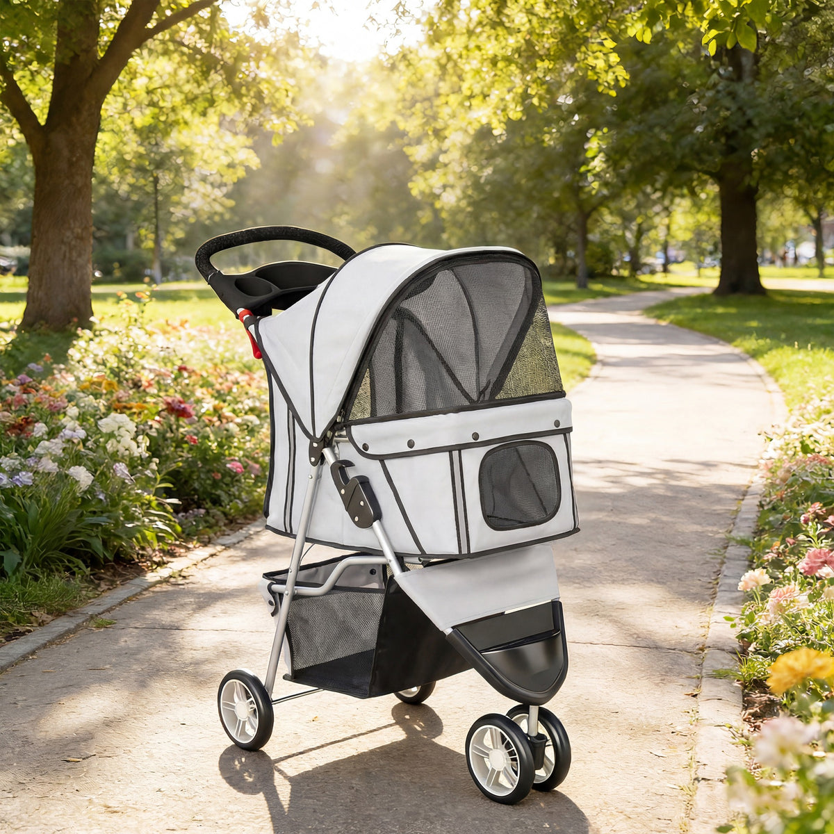 Poussette pour Chien 4 Roues, Chariot Pliable avec Auvent Réglable, Panier de Rangement, 77x44x102cm, Gris-1