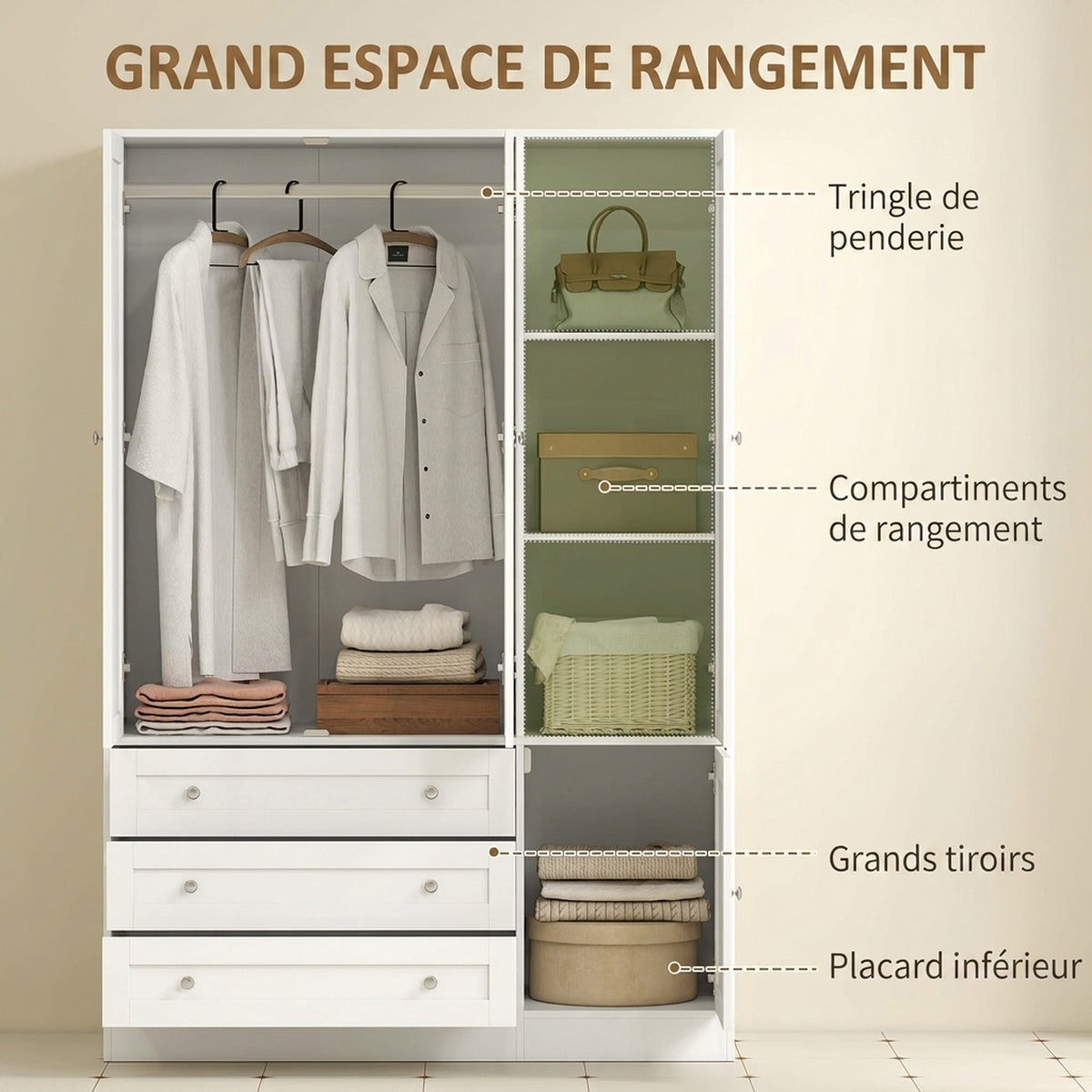 Armoire Chambre Penderie avec 4 Portes, 3 Tiroirs, Barre de Suspension et Étagère Réglable, 120 x 50 x 176,5 cm, Blanc-3