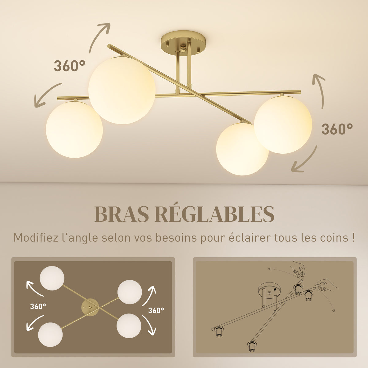 Plafonnier lustre moderne à 4 lumières avec culot E14, montage semi-affleurant, doré et crème-3