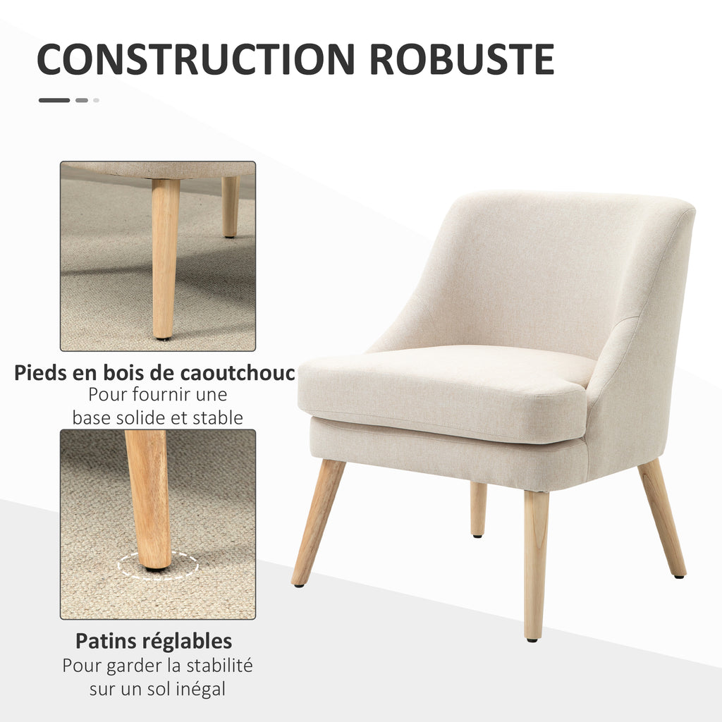 Fauteuil Scandinave Confortable pour Salon et Chambre, Pieds en Bois Massif, Revêtement en Tissu Lin, Beige-4