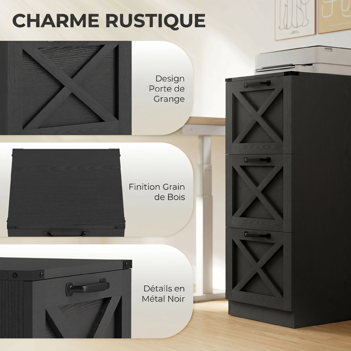 Caisson de Bureau avec 3 Tiroirs, Dossiers Suspendus pour Formats Lettre/A4, Style Rustique, 40x40x101cm, Noir-3