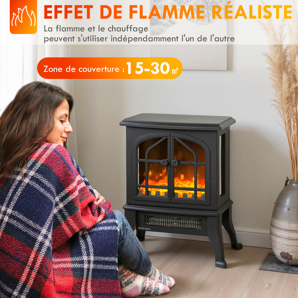 Cheminée électrique avec effet flamme 3D, 1800/900 W, fausse cheminée décorative, thermostat réglable, 39x24x48cm, noir-3