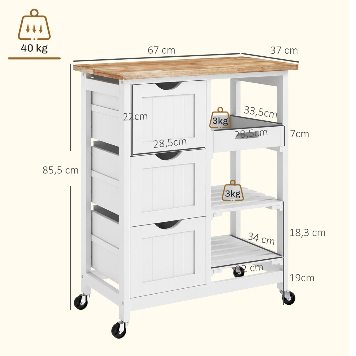 Chariot desserte de cuisine à roulettes plan de travail en bois 3 tiroirs + 1 plateau amovible 67 x 37 x 85,5 cm blanc-2