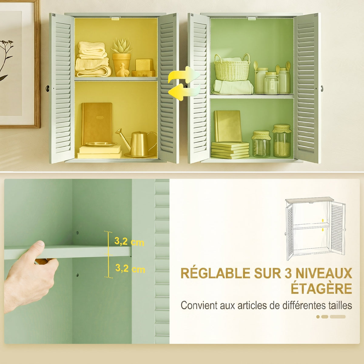 Armoire murale de salle de bain, meuble de rangement suspendu avec 2 portes persiennes et étagère réglable, vert-4