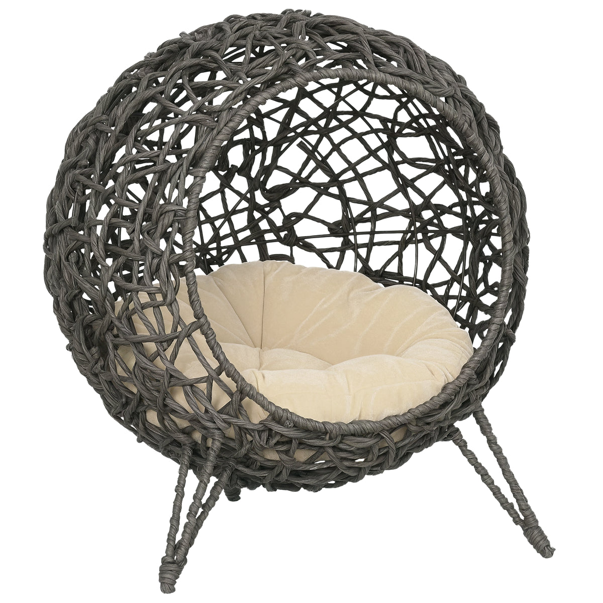 Panier chat lit surélevé chat cosy niche grotte Ø 52 x 58H cm coussin moelleux inclus résine tressée imitation-0