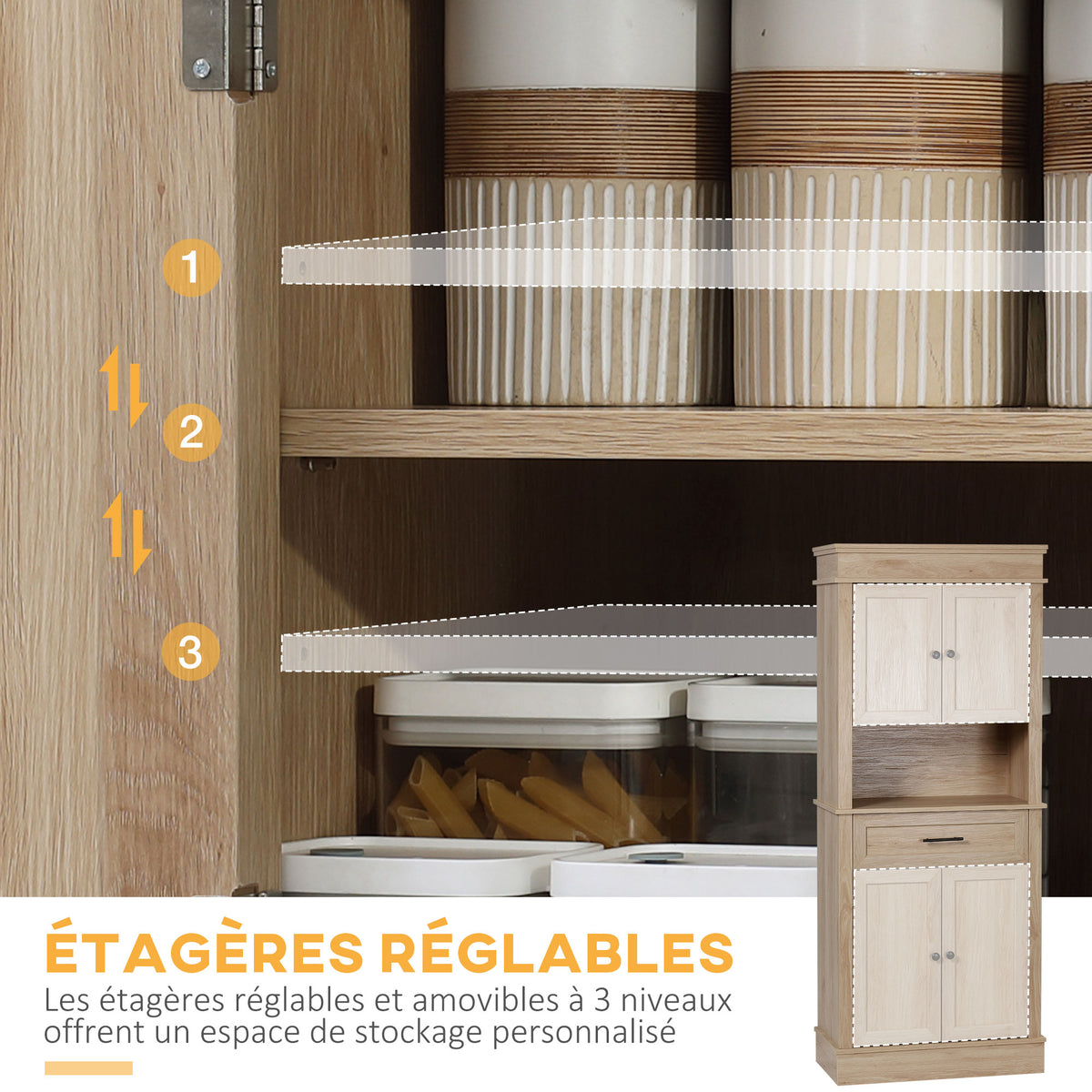 Armoire de cuisine buffet cuisine vaisselier meuble de rangement style moderne avec placards, étagères réglables, tiroir, et niche, pour salle à manger, salon, 74 x 39,5 x 183 cm, chêne clair-4