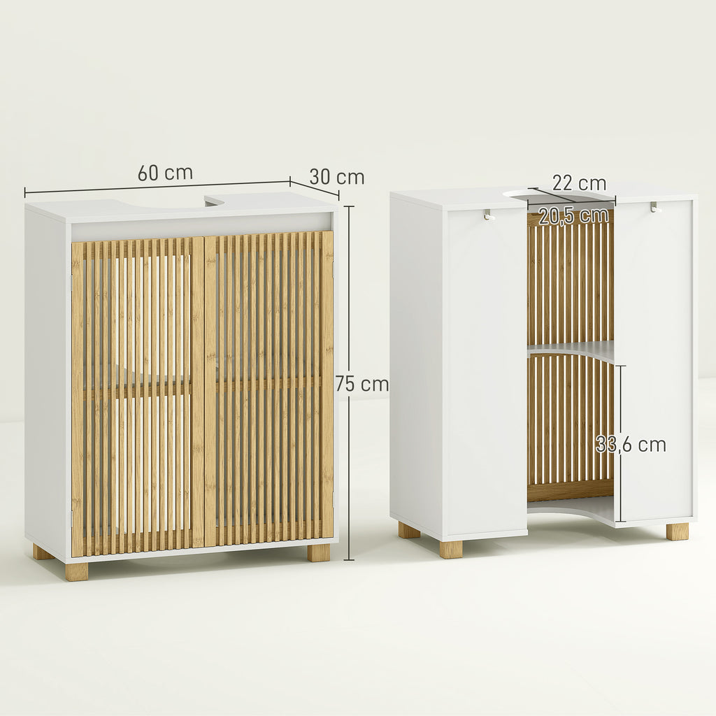 Meuble sous lavabo salle de bain - placard à portes à lattes en bambou, 60 x 30 x 75 cm, effet bois naturel-2