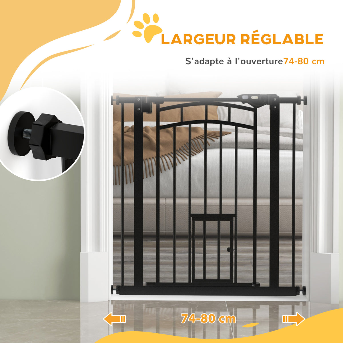 Barrière de sécurité animaux chien porte fermeture automatique sans perçage de 74 à 80 cm acier noir-6