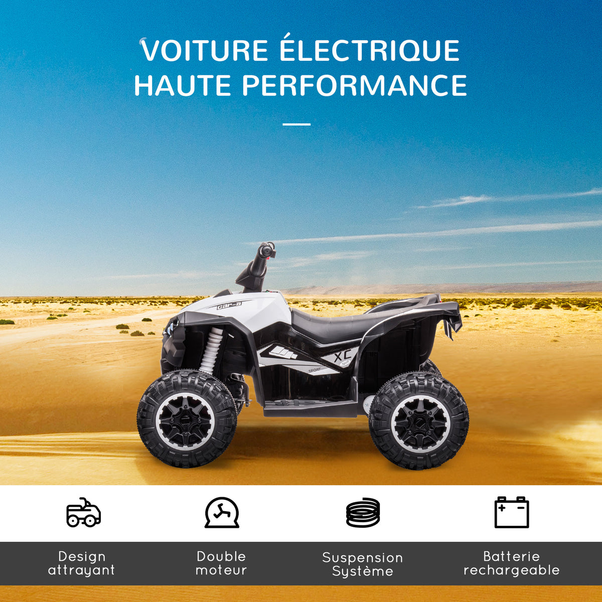 Quad buggy électrique enfant 12 V 6 Km/h max. effets lumineux selle pour enfant 3-5 ans métal PP noir blanc-3