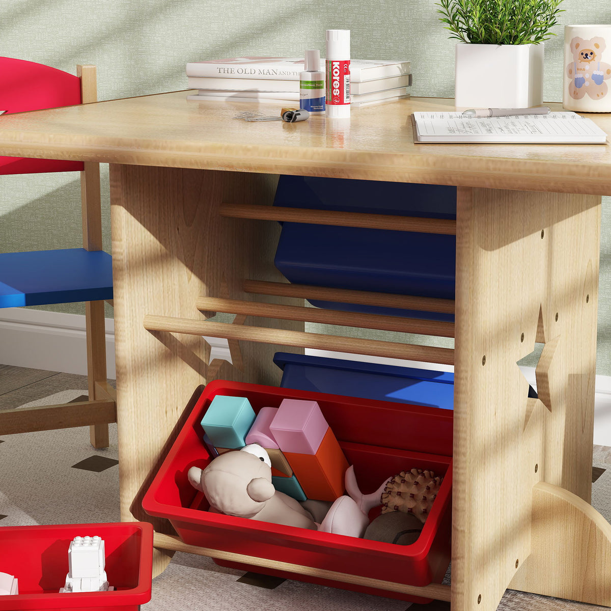 Table enfant avec 2 chaises ensemble table et chaises enfants 3 pièces en bois avec 4 bacs de rangement bois naturel-8