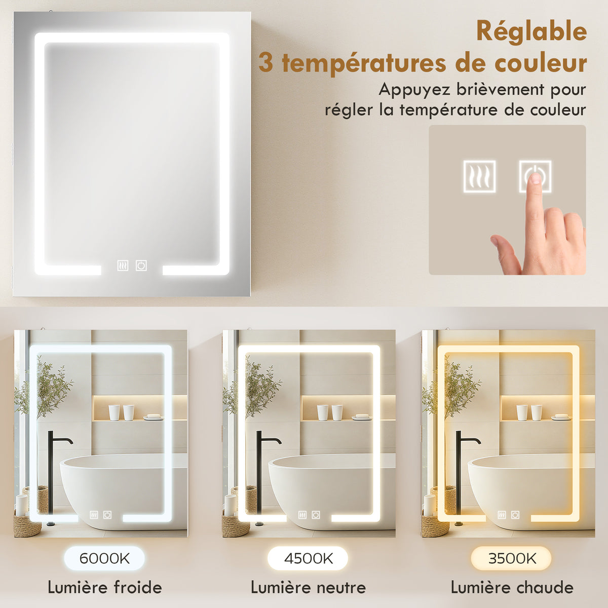 Armoire murale salle de bain avec miroir et éclairage LED, anti-buée, étagères réglables, 50 x 15 x 60 cm, blanc-3