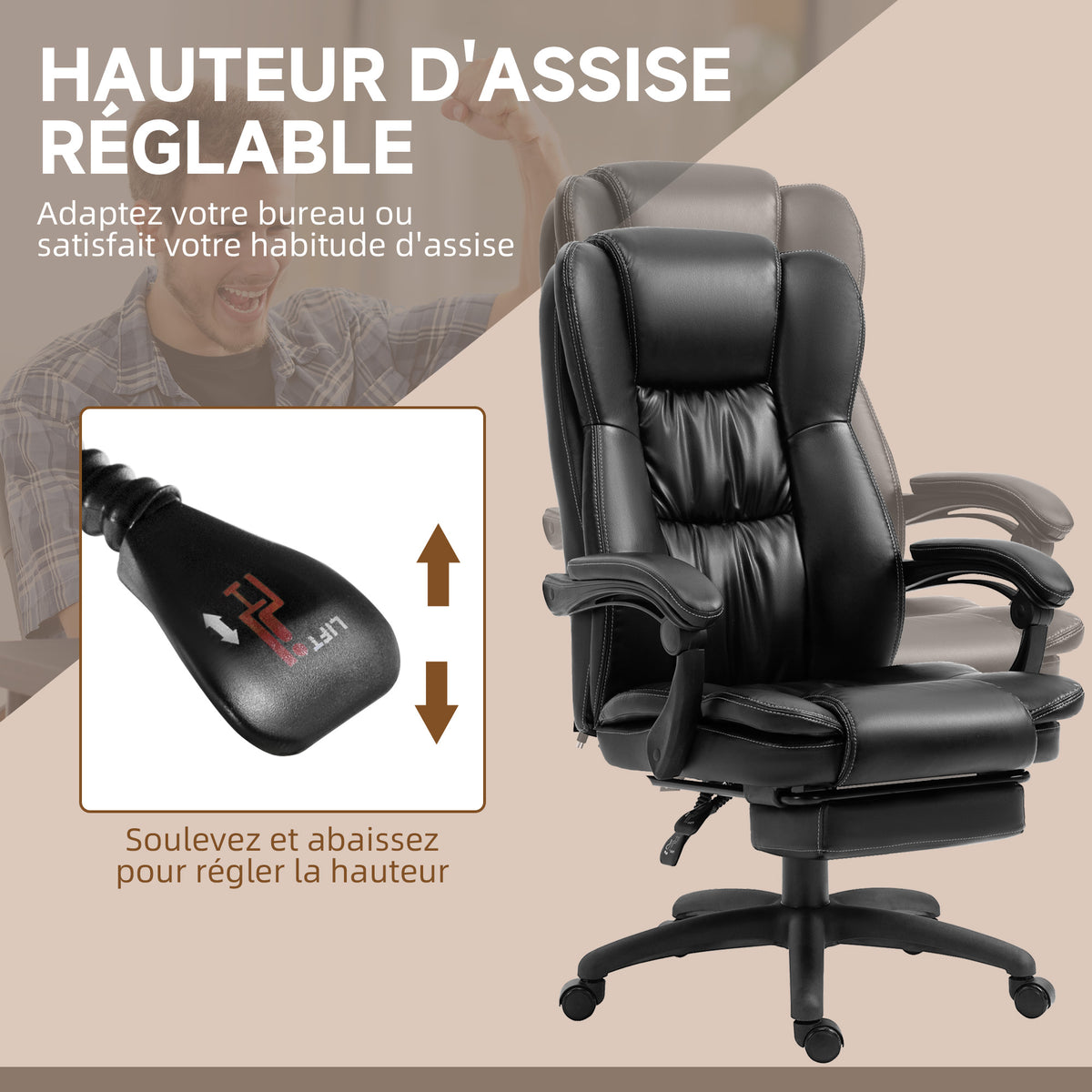Fauteuil de bureau massant, chaise de bureau avec hauteur réglable, dossier inclinable et télécommande filaire, noir-4