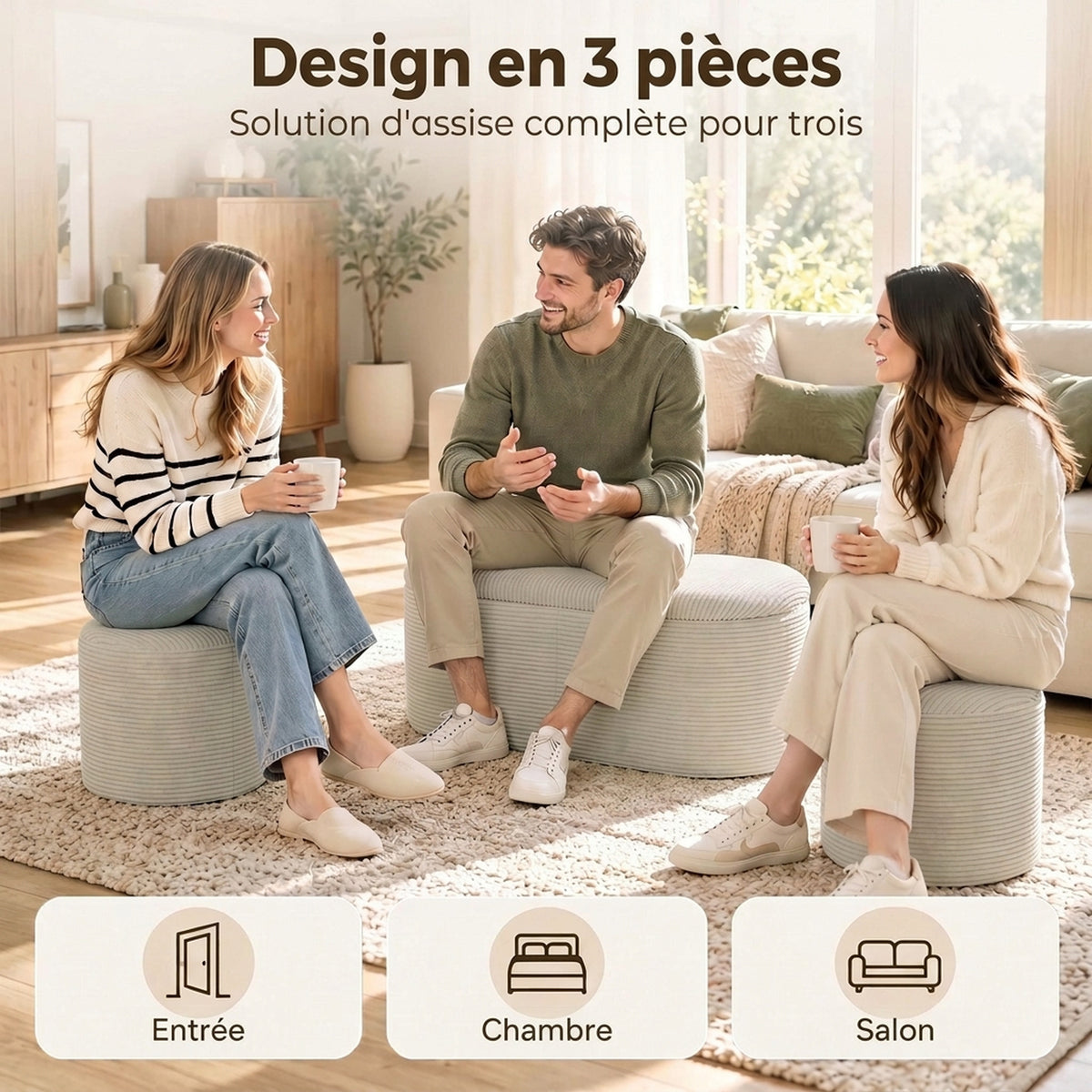 Banc de Rangement en Velours Pouf Coffre de Rangement Gigogne 3 en 1 avec 2 Petits Tabourets Intégrés 82x43x44cm Beige-4