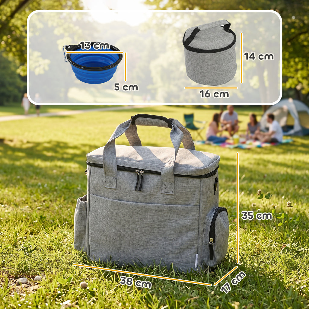 Sac de Transport pour Chien avec Poches, 2 Sacs à Nourriture, Bol Pliable, Séparateur Réglable, 38x17x35cm, Gris Clair-2