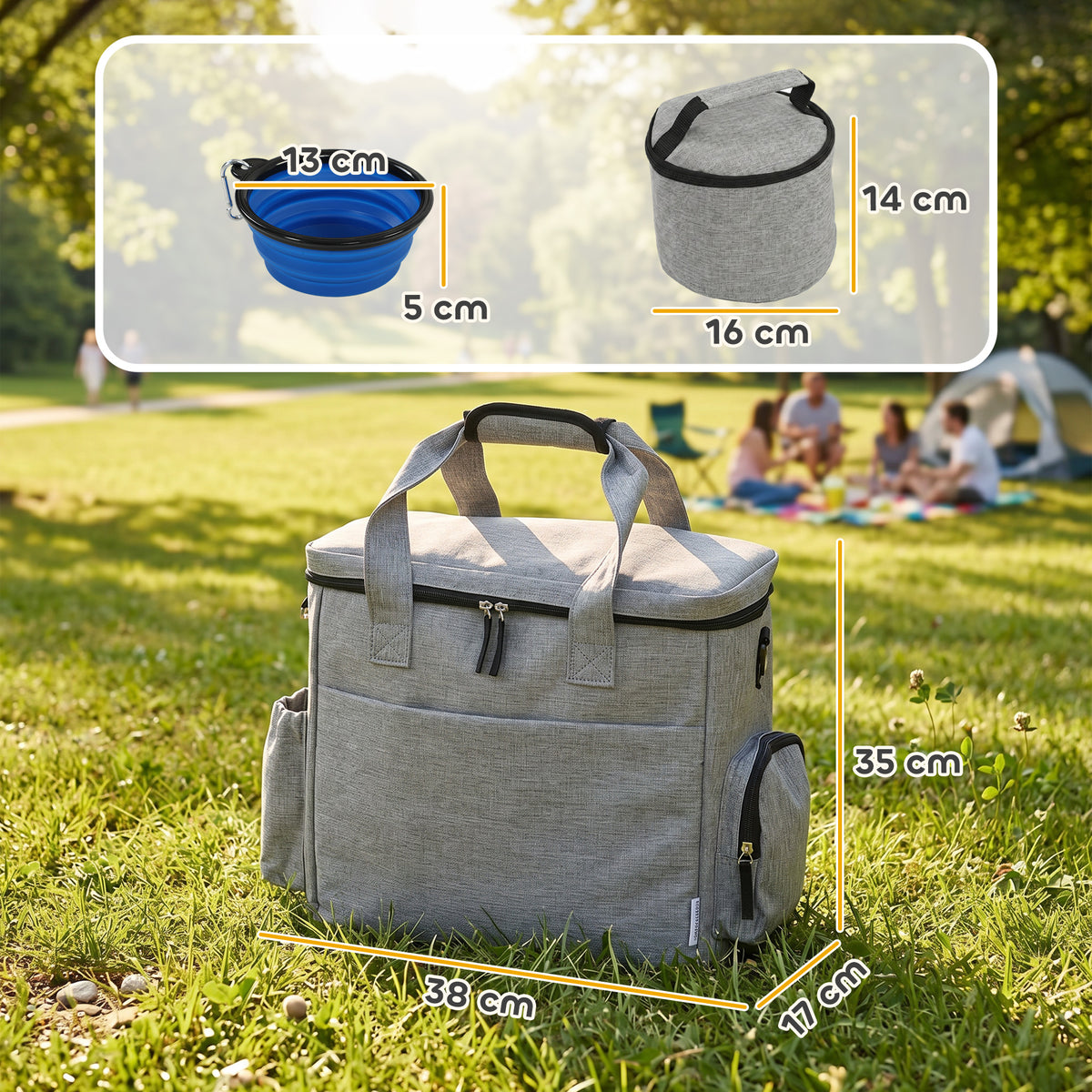 Sac de Transport pour Chien avec Poches, 2 Sacs à Nourriture, Bol Pliable, Séparateur Réglable, 38x17x35cm, Gris Clair-2
