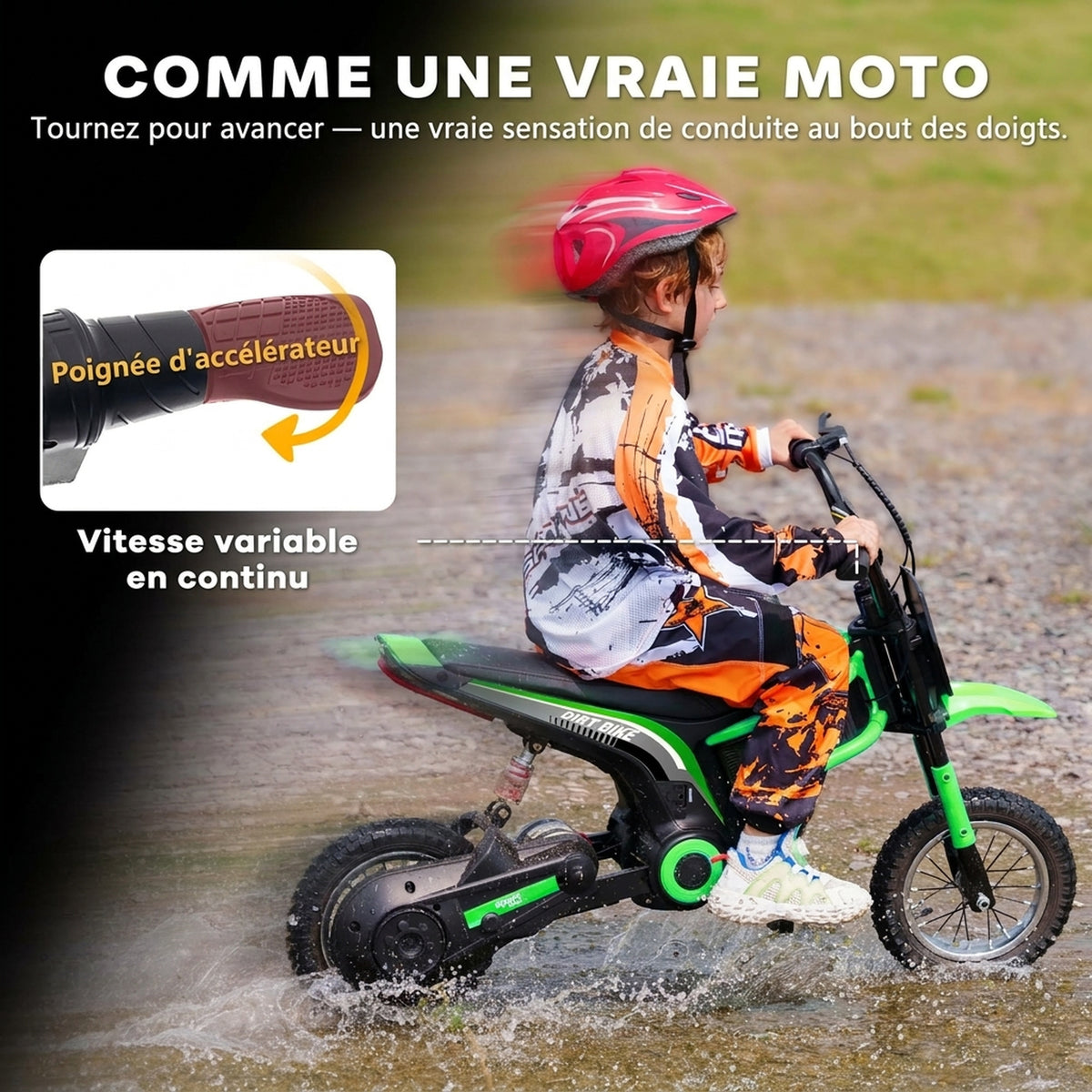 Moto cross électrique enfant moto électrique enfants moteur 350 W batterie 12V 8-16 km/h pneus gonflables 12'' vert-3