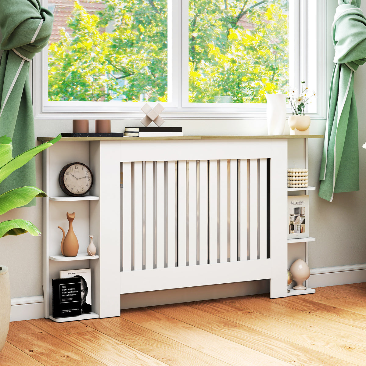 Cache-radiateur avec étagères de rangement ouvertes, couvercle de radiateur en bois à lattes, 152x19x83cm, blanc-8