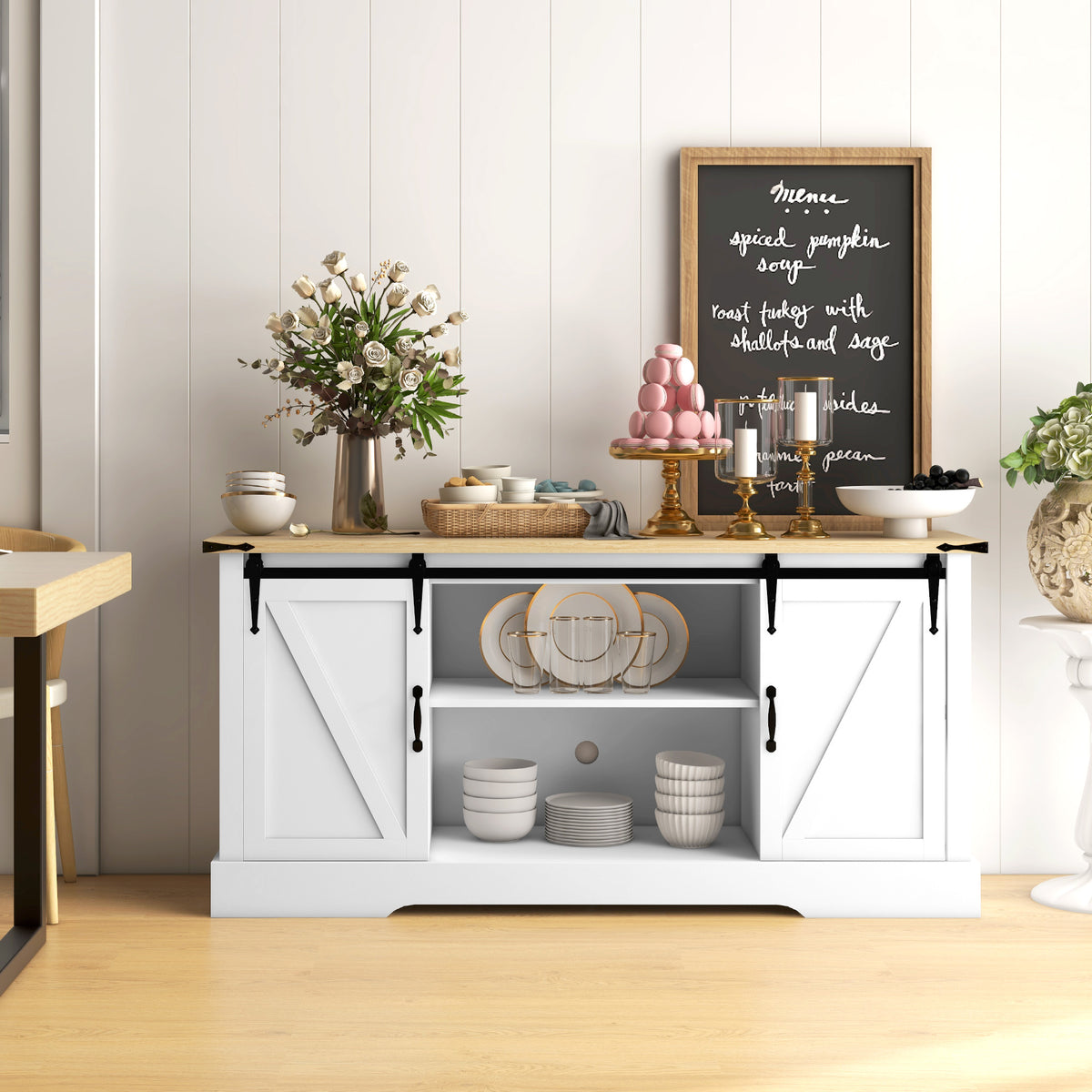 Buffet meuble de rangement avec 2 portes coulissantes étagères réglables 150l x 40P x 72H cm en bois blanc chêne-1