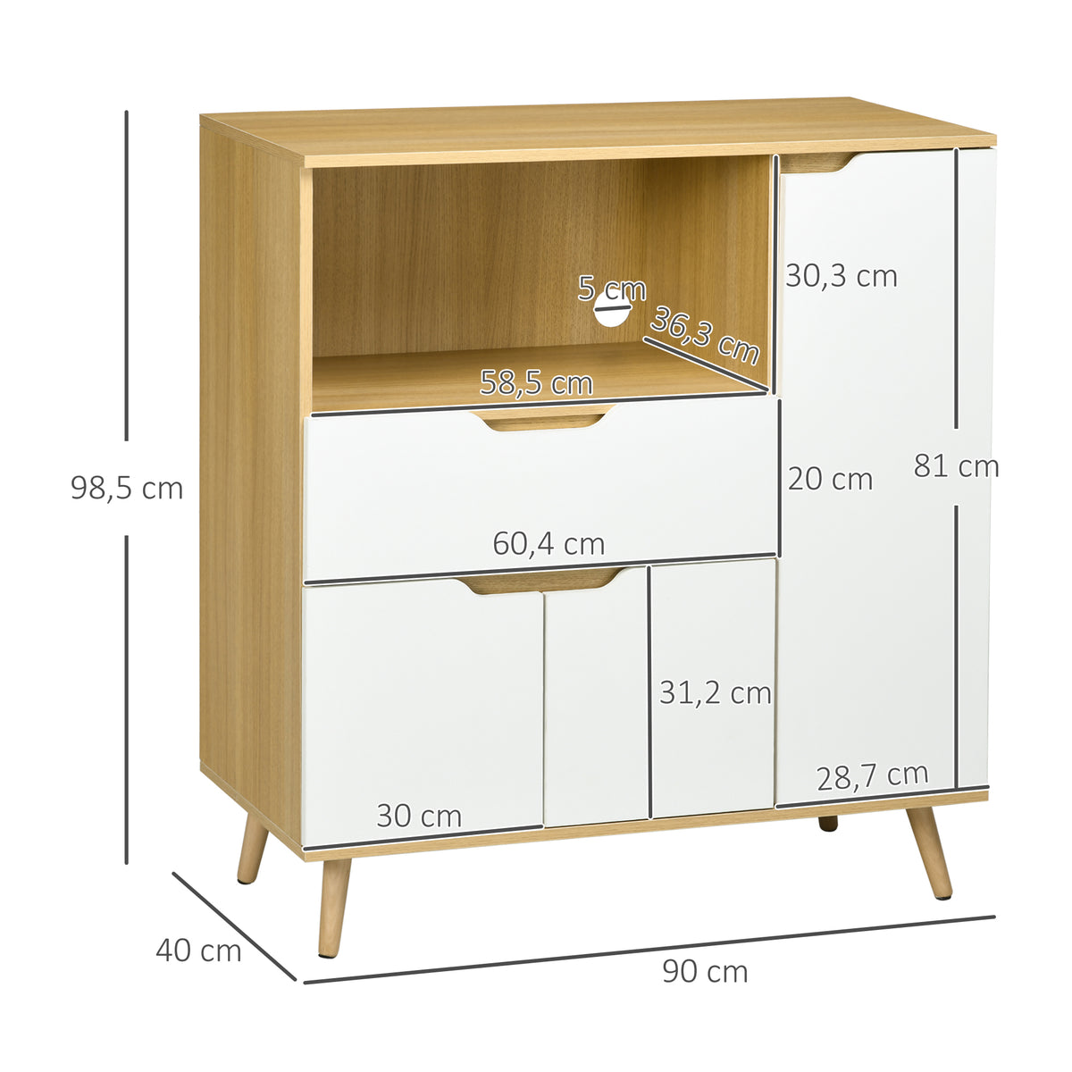 Meuble de rangement cuisine pour micro-ondes, 1 tiroir, 2 placards une étagère, 90 x 40 x 98,5 cm, bois et blanc-2