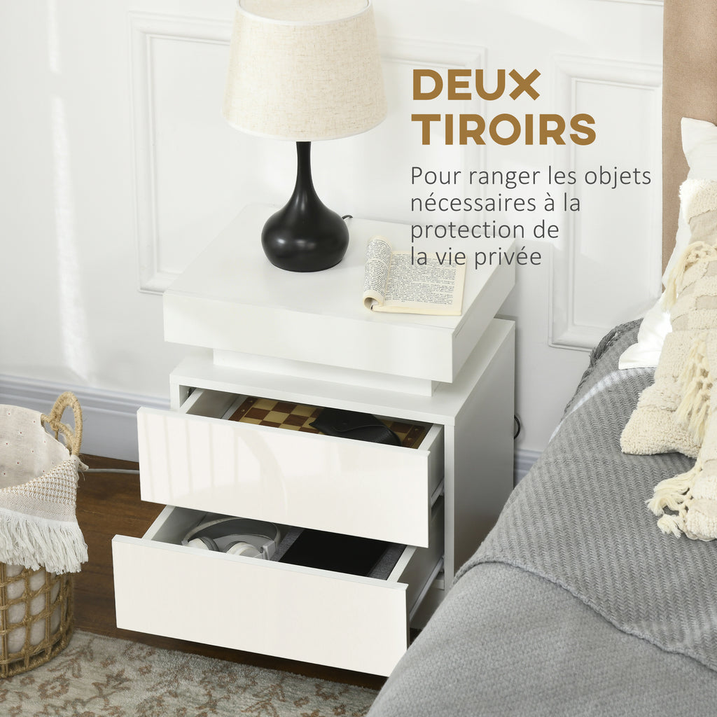 Table de chevet table de nuit lumière LED RVB panneau haute brillance avec 2 tiroirs pour salon chambre à coucher blanc-5