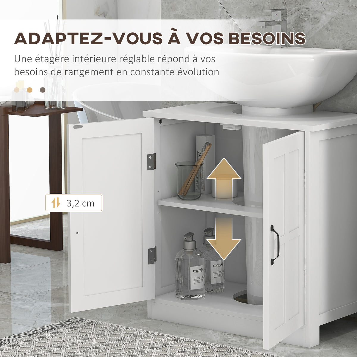 Meuble sous lavabo salle de bain meuble sous vasque avec double porte et étagère réglable, 60x30x60cm, blanc-5