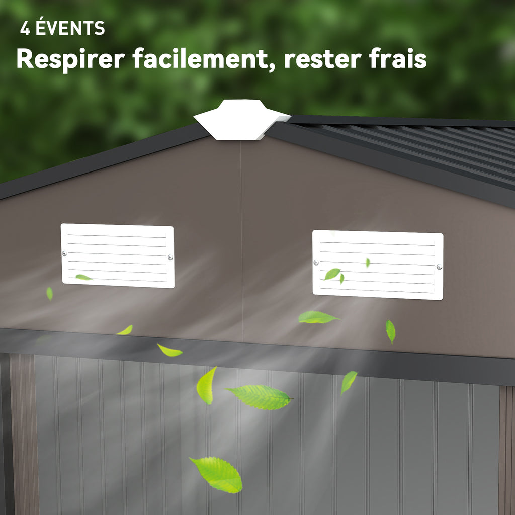 Abri de jardin 5,4 m² 2,77 x 1,95 x 1,92 m kit de fondation porte coulissante ventilations acier galvanisé, marron-9