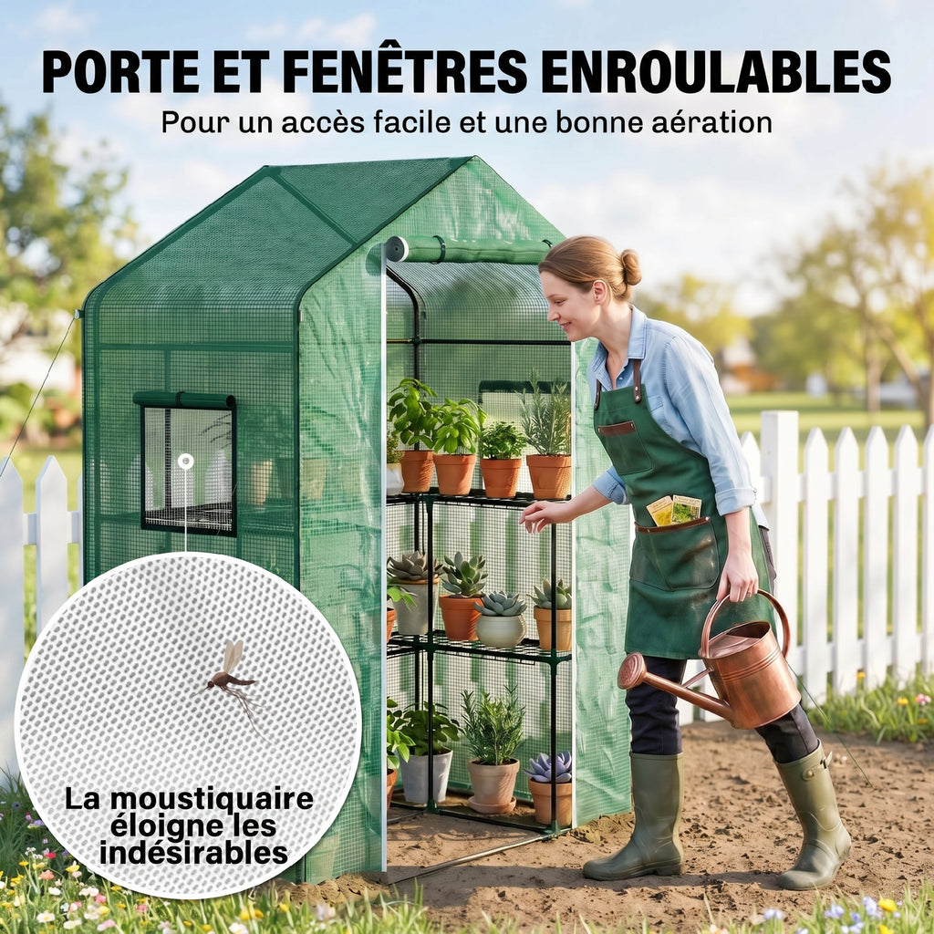Serre de jardin avec 1 porte, 2 fenetres et 2 étagères en forme de U pour Légumes Plantes Fleurs Bâche PE 140x73x190 cm-5