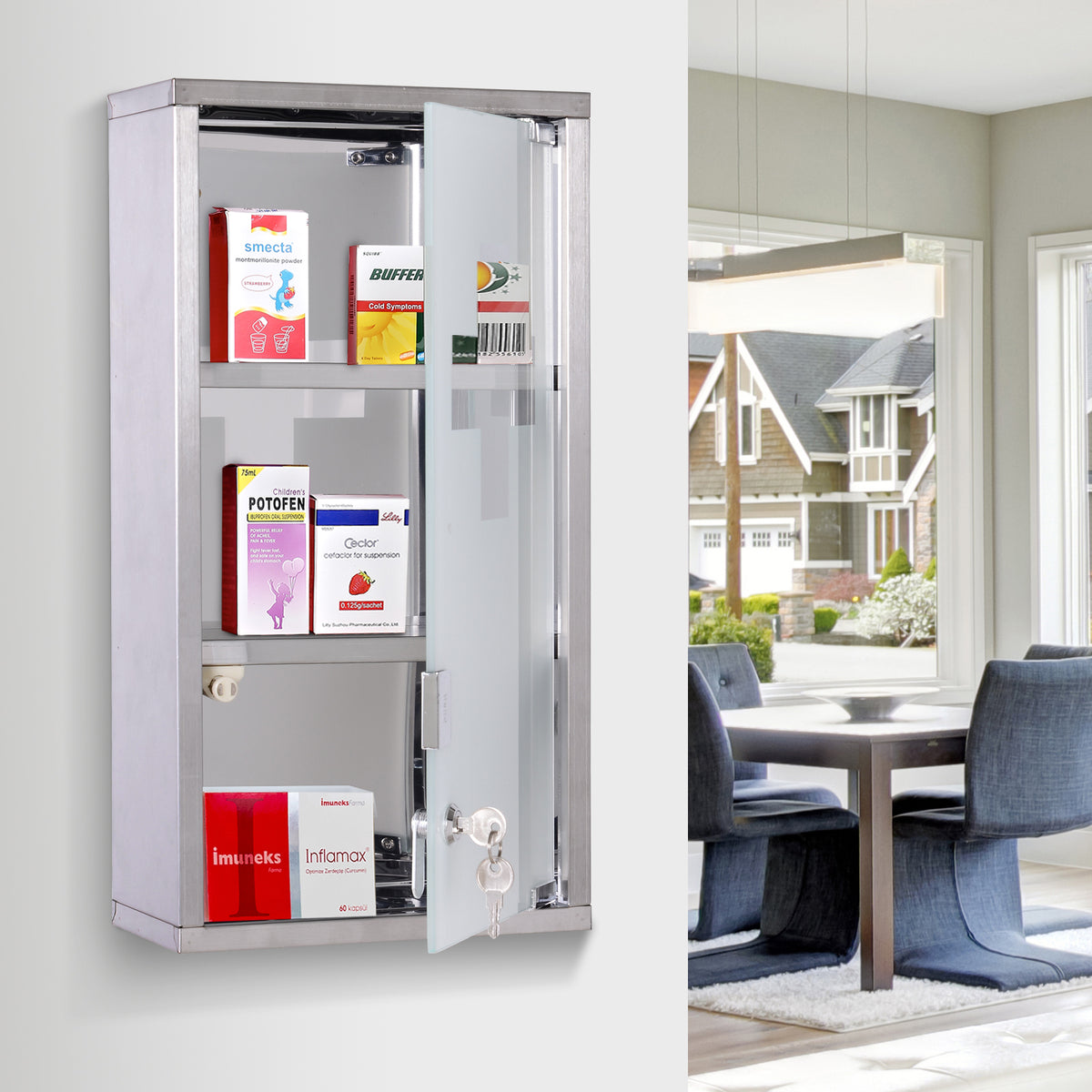 Armoire à Pharmacie 2 étagères 3 Niveaux verrouillable Porte Verre trempé dépoli Logo Croix 25L x 12l x 48H cm Acier INOX-1