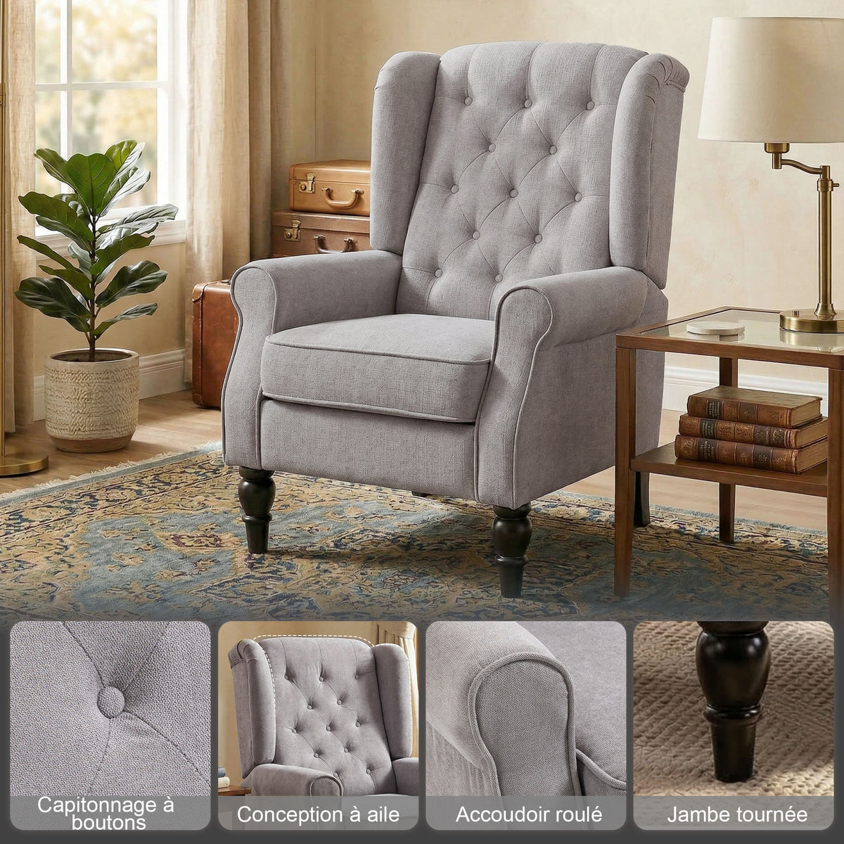 Fauteuil de salon capitonné avec assise large, pieds en bois, style classique, grand confort, 74 x 86 x 102 cm, gris-3