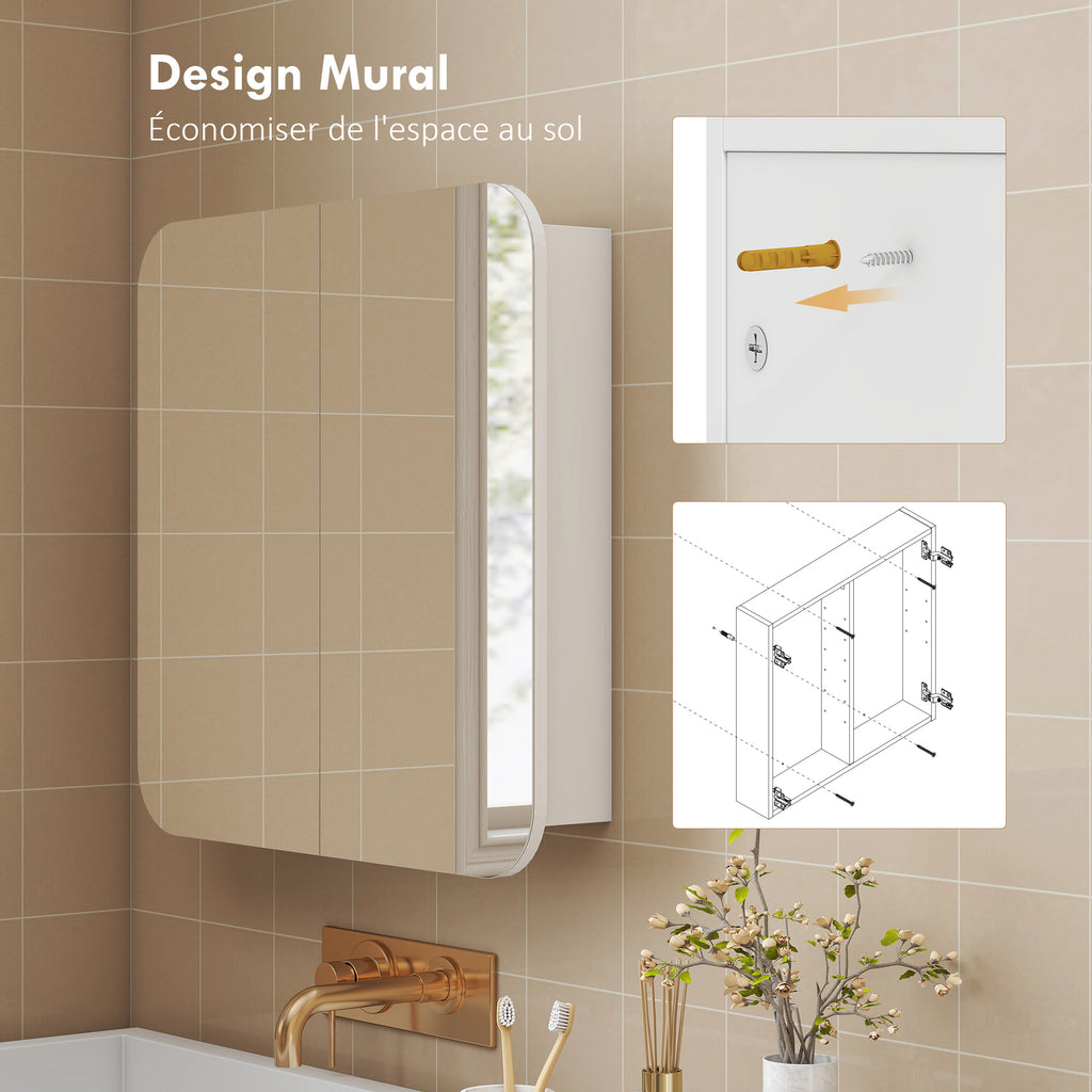Armoire murale salle de bain avec miroir arqué meuble salle de bain étagère réglable portes miroir 68 x 13 x 66 cm blanc-7
