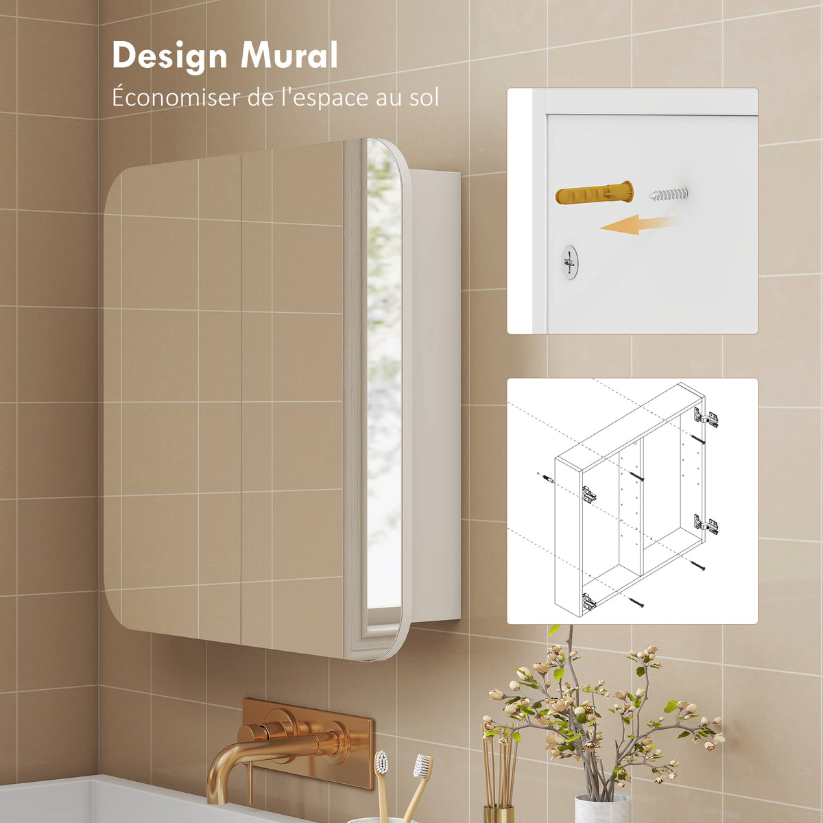 Armoire murale salle de bain avec miroir arqué meuble salle de bain étagère réglable portes miroir 68 x 13 x 66 cm blanc-7