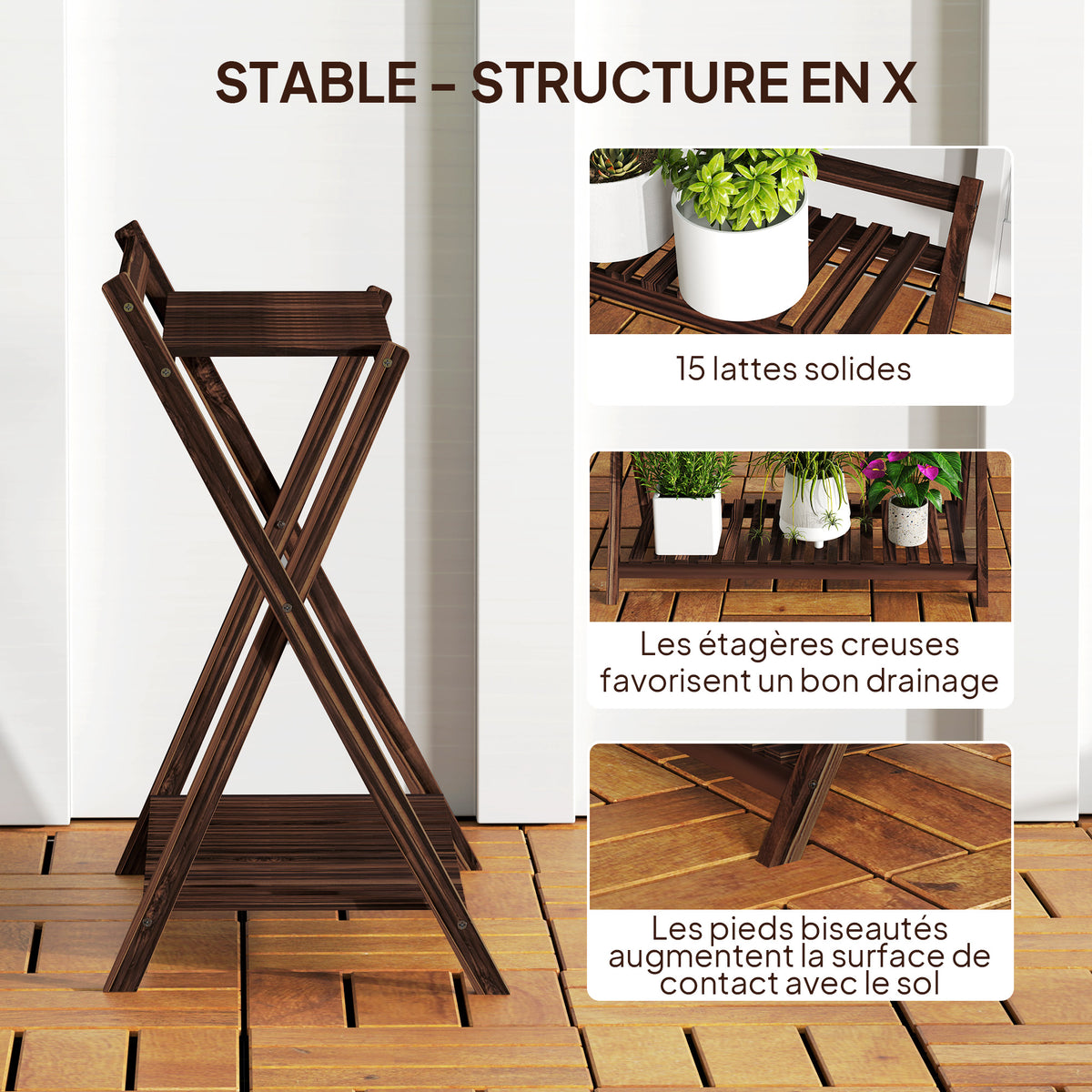 Lot de 2 support plantes intérieur 2 niveaux étagères à plants avec support arrière 73 x 36 x 64 cm marron-6