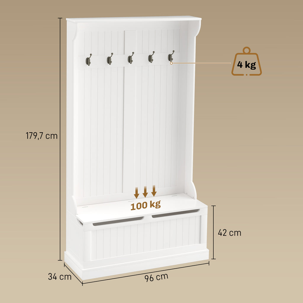 Meuble d'entrée avec banc porte manteaux 3 en 1 5 crochets banc de rangement pour salon couloir 96 x 34 x 179,7 cm crème-2