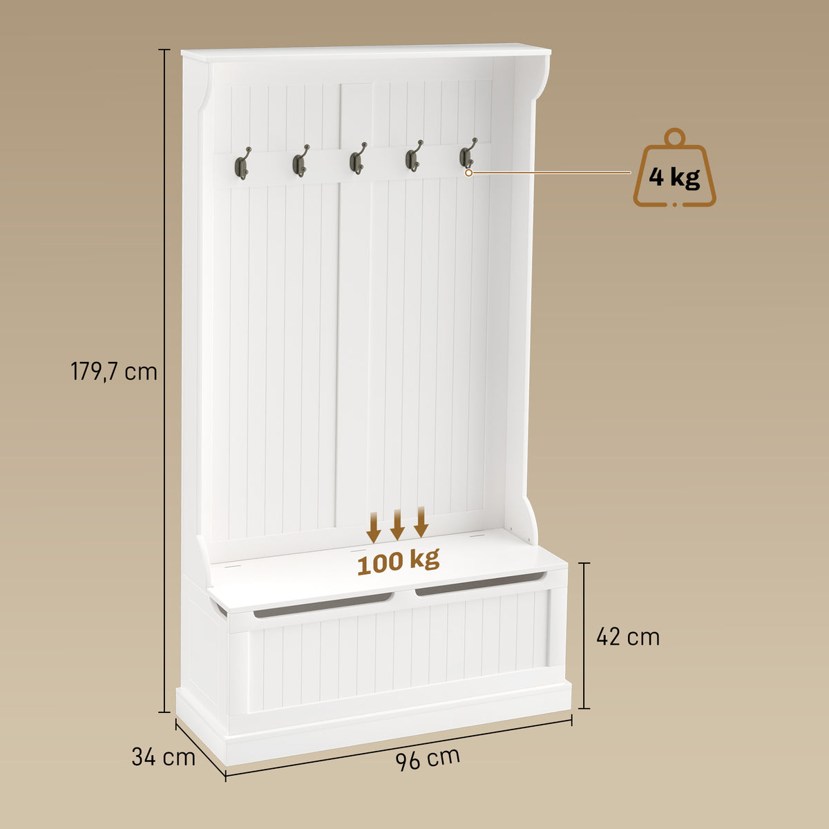 Meuble d'entrée avec banc porte manteaux 3 en 1 5 crochets banc de rangement pour salon couloir 96 x 34 x 179,7 cm crème-2
