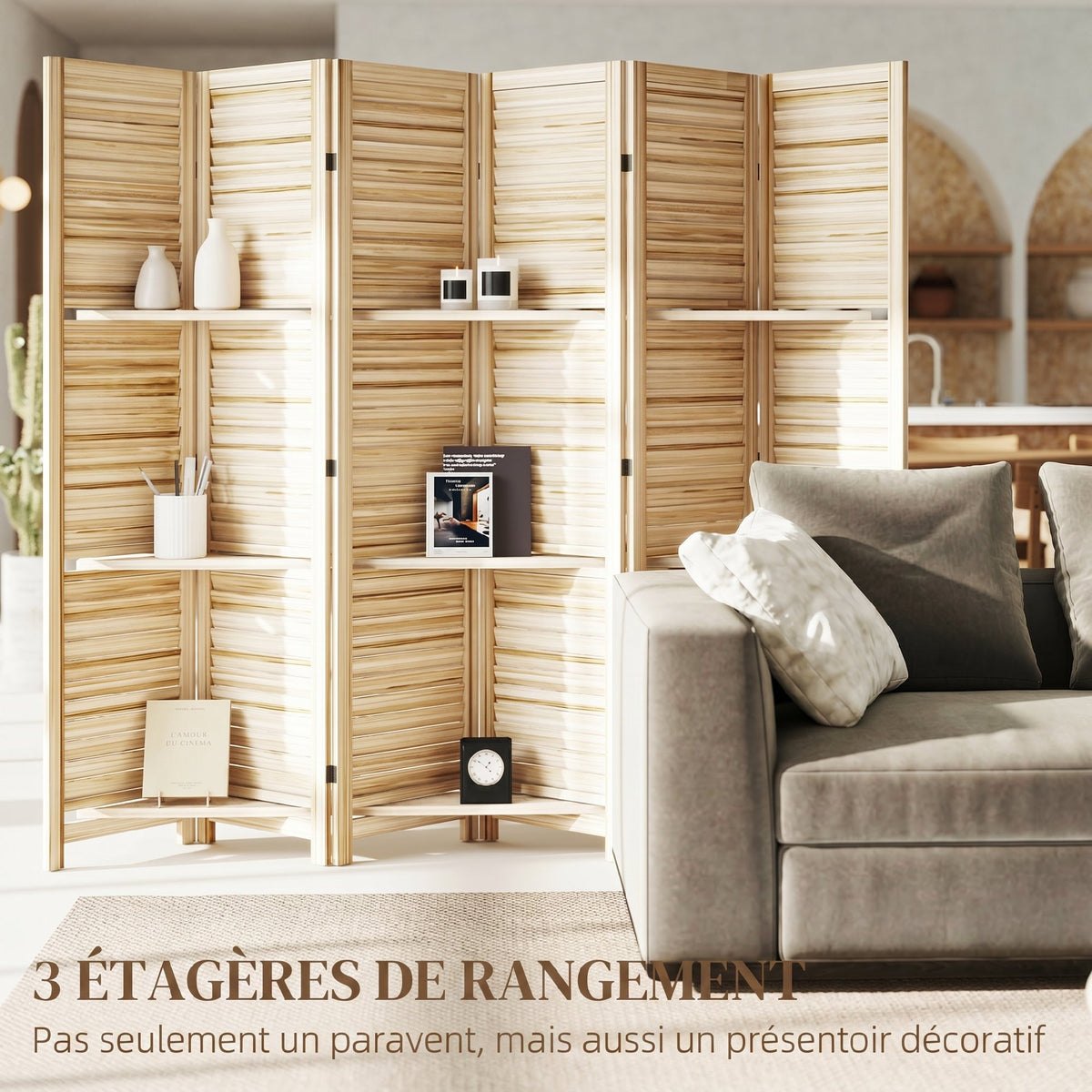 Paravent intérieur en bois 4 panneaux 160 x 170 cm, séparateur de pièce pliable 3 étagères, bois naturel effet brûlé-3