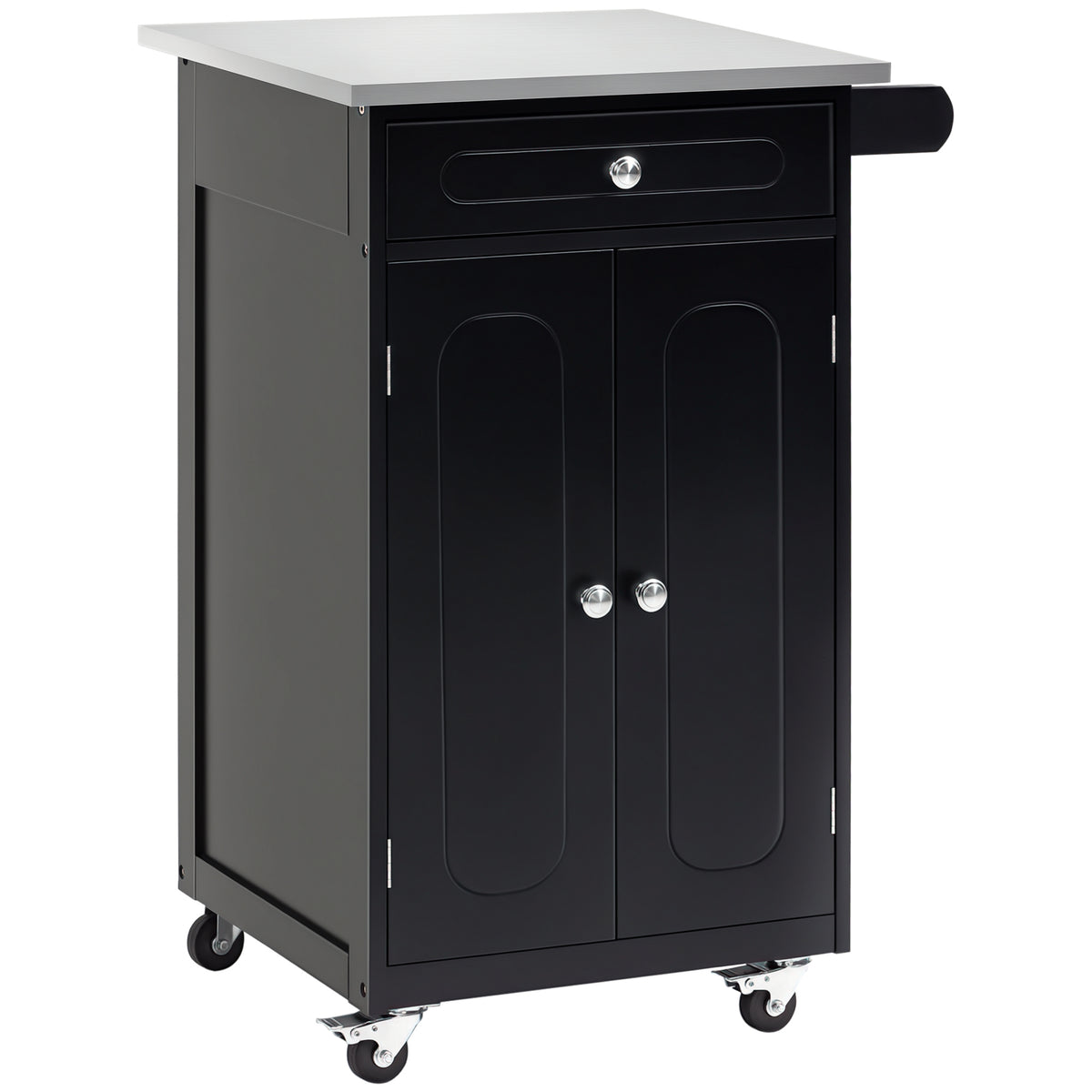 Chariot de service desserte de cuisine à roulettes multi-rangements 1 tiroir placard 2 portes avec étagère porte-torchons MDF noir acier inoxydable-0