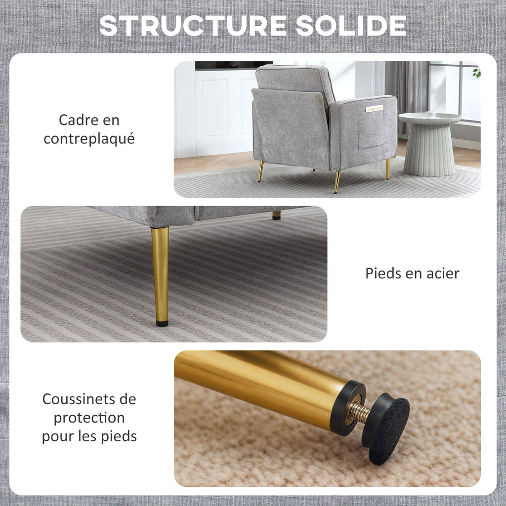 Fauteuil en tissu avec pieds en acier doré, grand confort, pochettes latérales, pour salon, bureau, chambre, gris-5