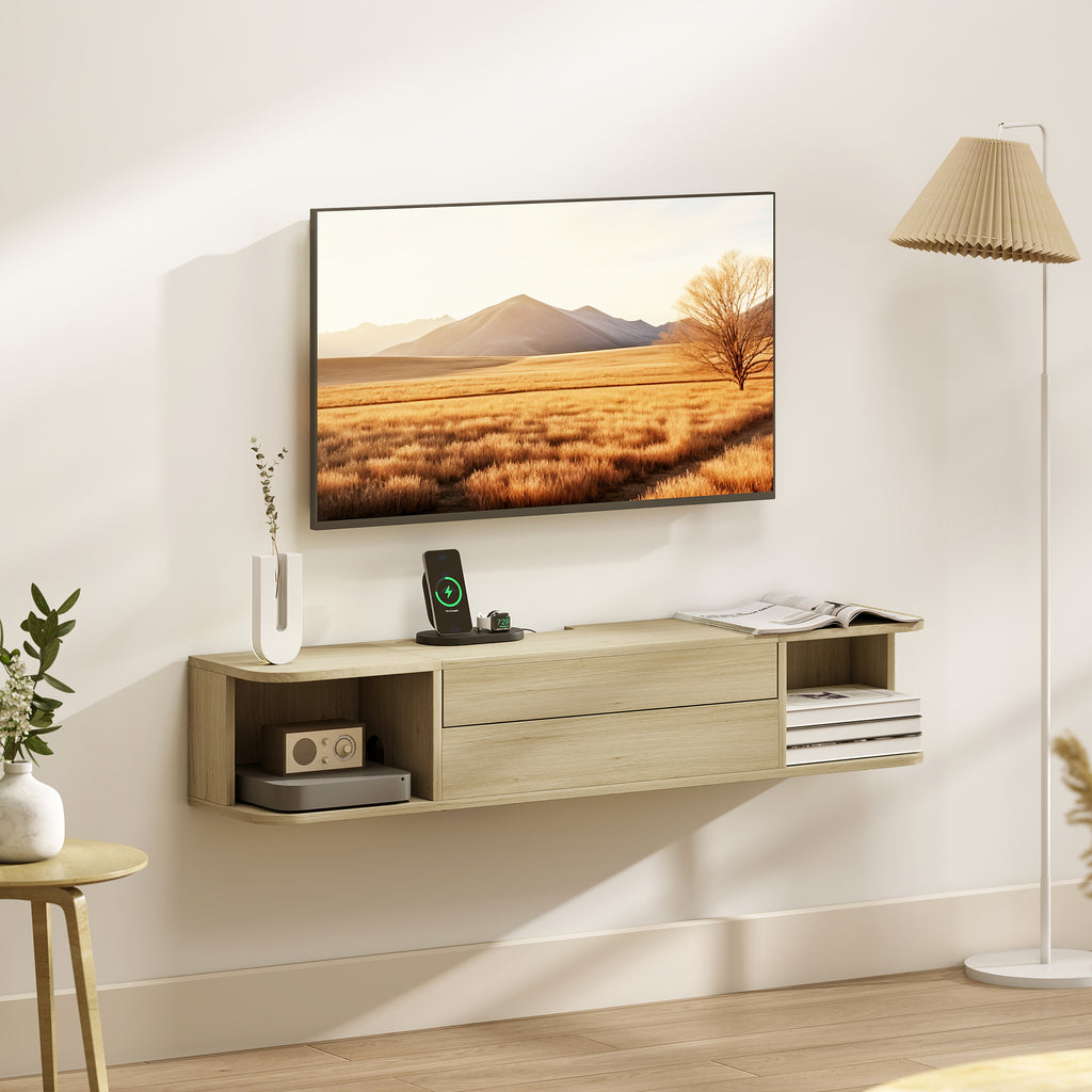 Meuble TV suspendu meuble télé pour téléviseur 50 pouces tiroir étagères passe-câbles 120x24x22,4cm effet bois naturel-8