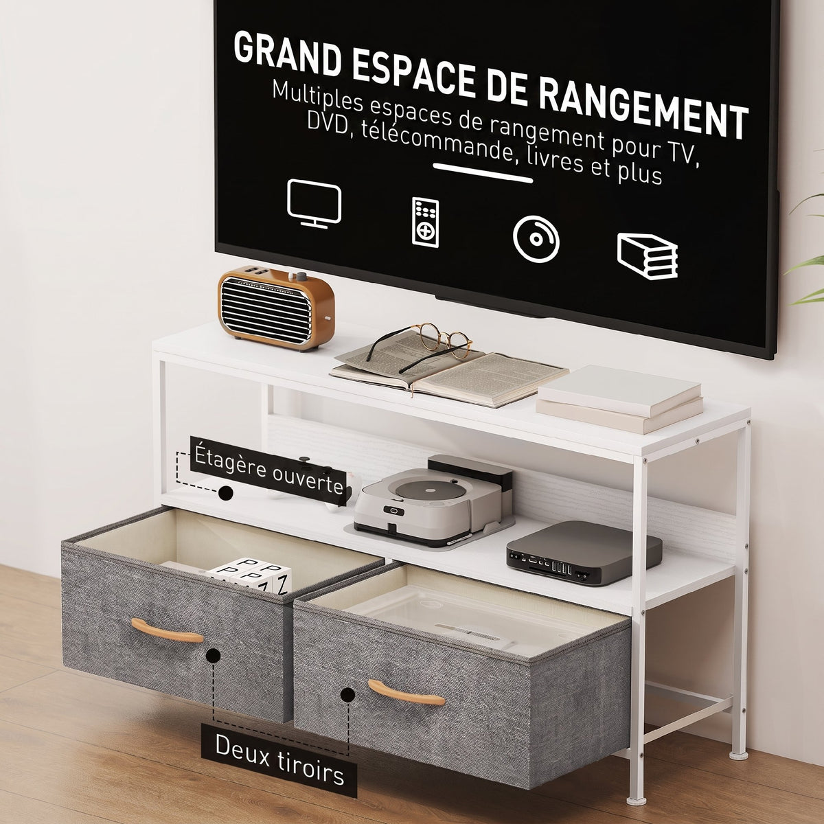 Meuble TV, meuble télé pour téléviseur jusqu'à 47 pouces avec 2 tiroirs et pieds en acier, 98 x 29 x 56 cm, gris clair-4