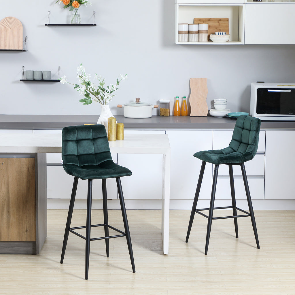 Lot de 2 tabourets de bar design surface en velours capitonné et pieds en acier hauteur 77 cm vert foncé-9