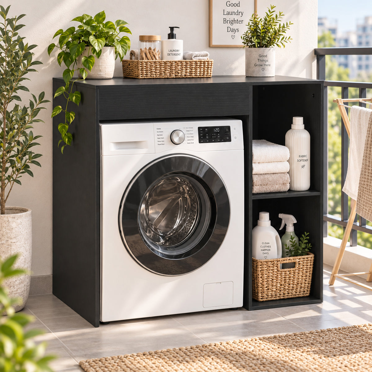 Meuble machine à laver, armoire machine a laver et sèche-linge avec 2 compartiments ouverts, 96 x 60 x 90,5 cm, noir-8