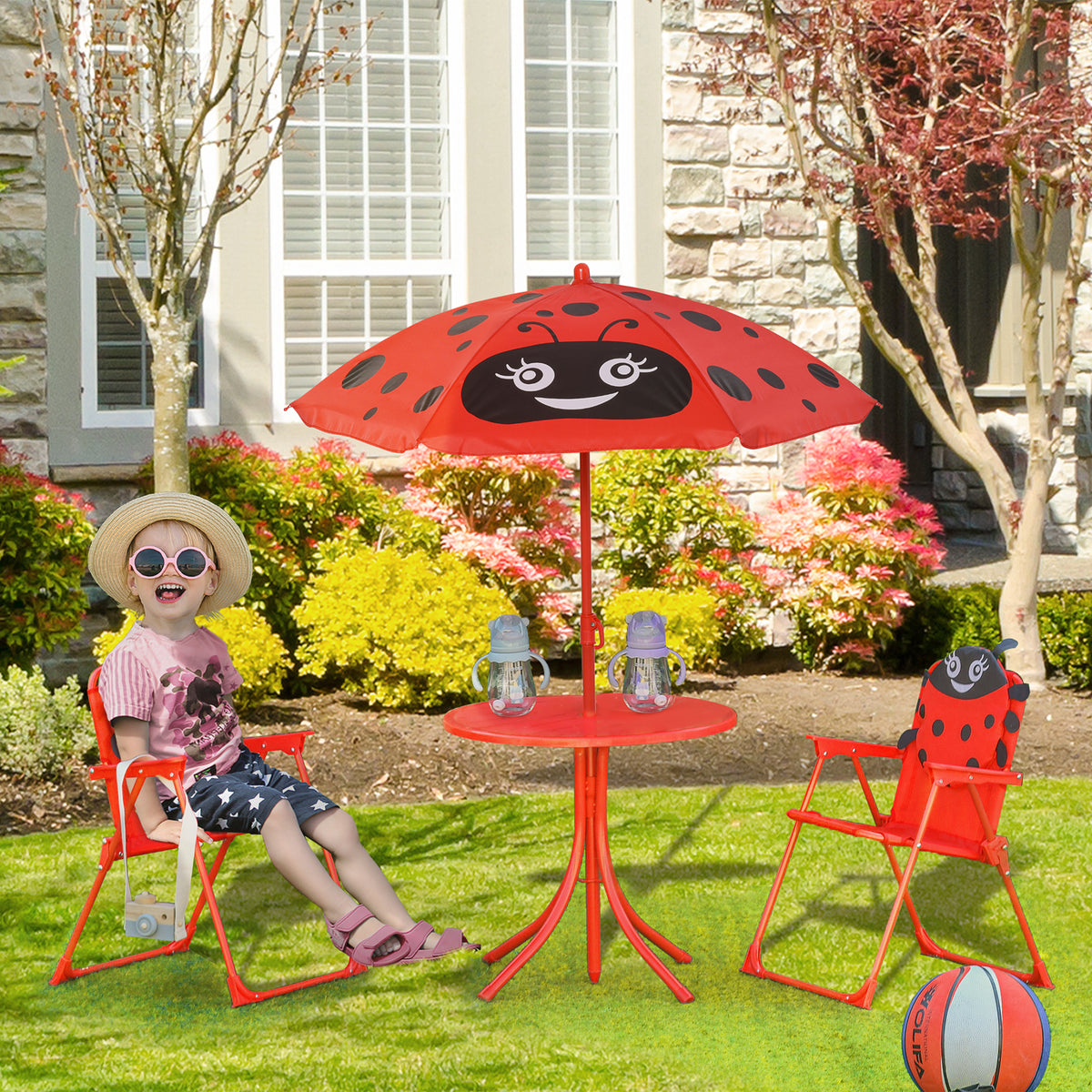 Ensemble Salon de Jardin Enfant 4 pcs Design Coccinelle - Table Ronde + 2 chaises Pliables + Parasol - métal époxy Oxford Rouge-1