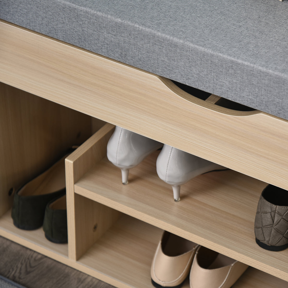 Meuble Chaussures Banc à Chaussures 2 Niveaux Rangement, Niche + Coffre intégré avec Coussin Beige Gris-7