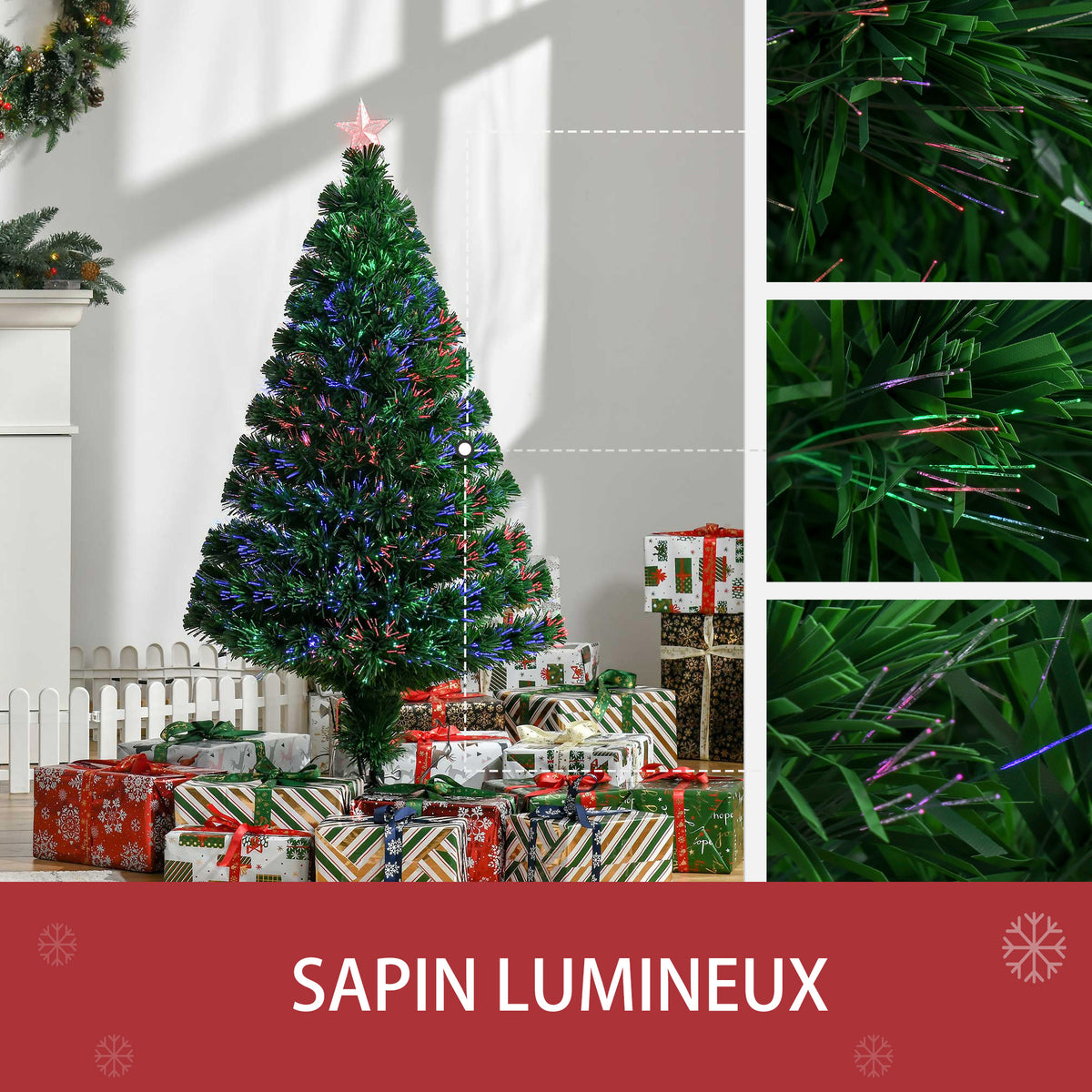 Sapin Noël Artificiel Lumineux 120H cm Fibre Optique Multicolore + Support Pied 130 Sommet Brillante Vert-4