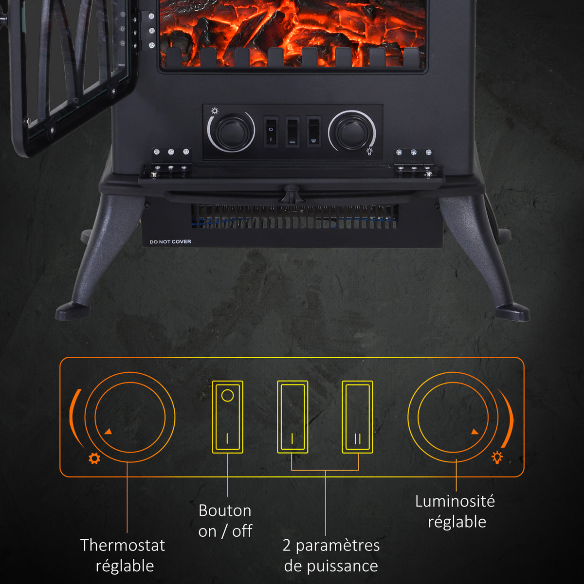 Cheminée électrique sur pied 1000/2000 W, fausse cheminée décorative avec effet flamme LED, protection contre la surchauffe, zone de couverture 15-30 m², noir-5