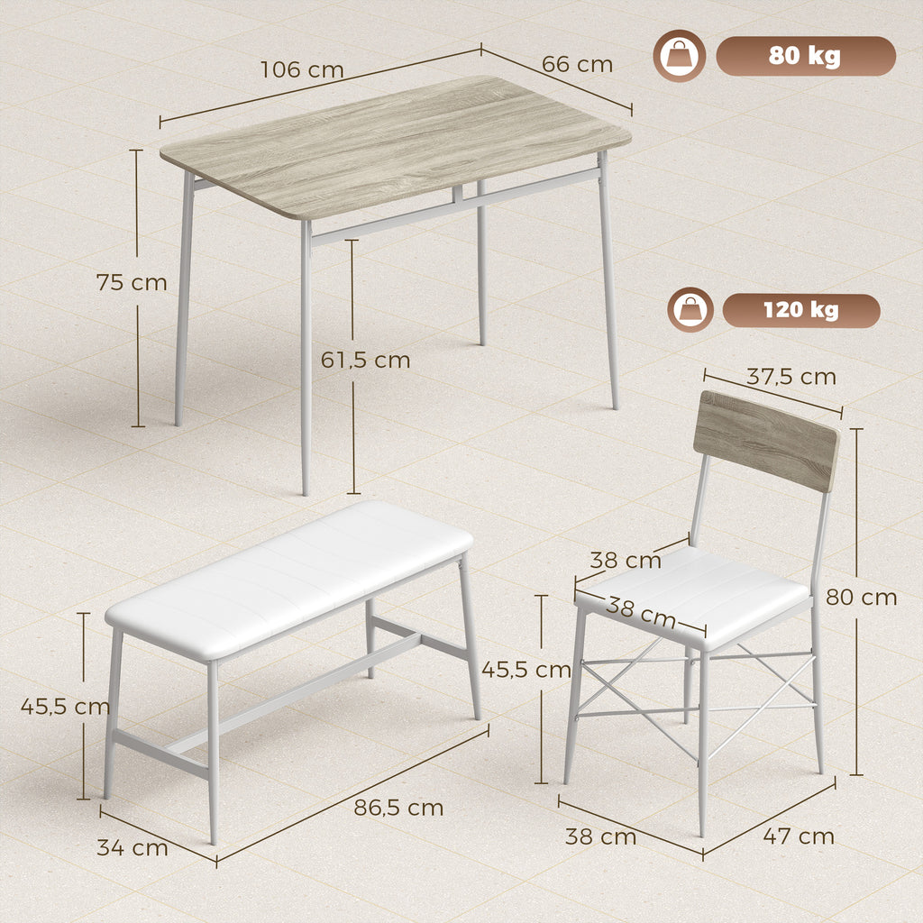 Ensemble Table Salle à Manger avec 2 Chaises et Banc, Assises Rembourrées, pour Salon, Petit Espace, Chêne et Blanc-2
