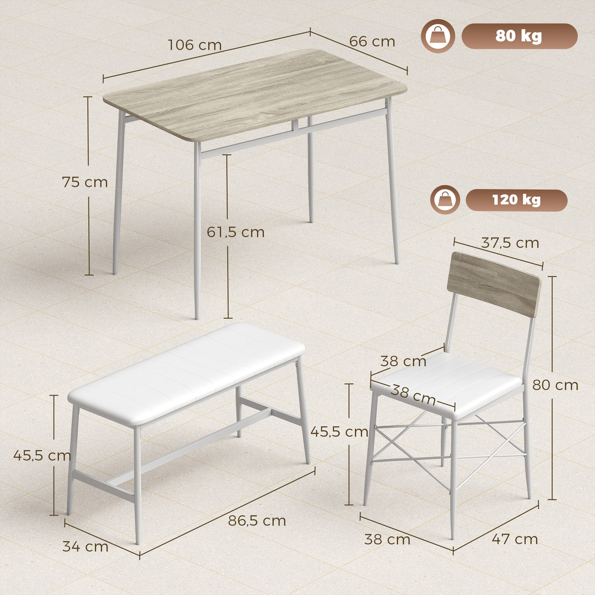 Ensemble Table Salle à Manger avec 2 Chaises et Banc, Assises Rembourrées, pour Salon, Petit Espace, Chêne et Blanc-2