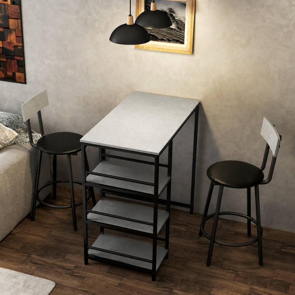 Ensemble table de bar avec 2 tabourets et étagères de rangement pour salle à manger, cuisine, gris et noir-1