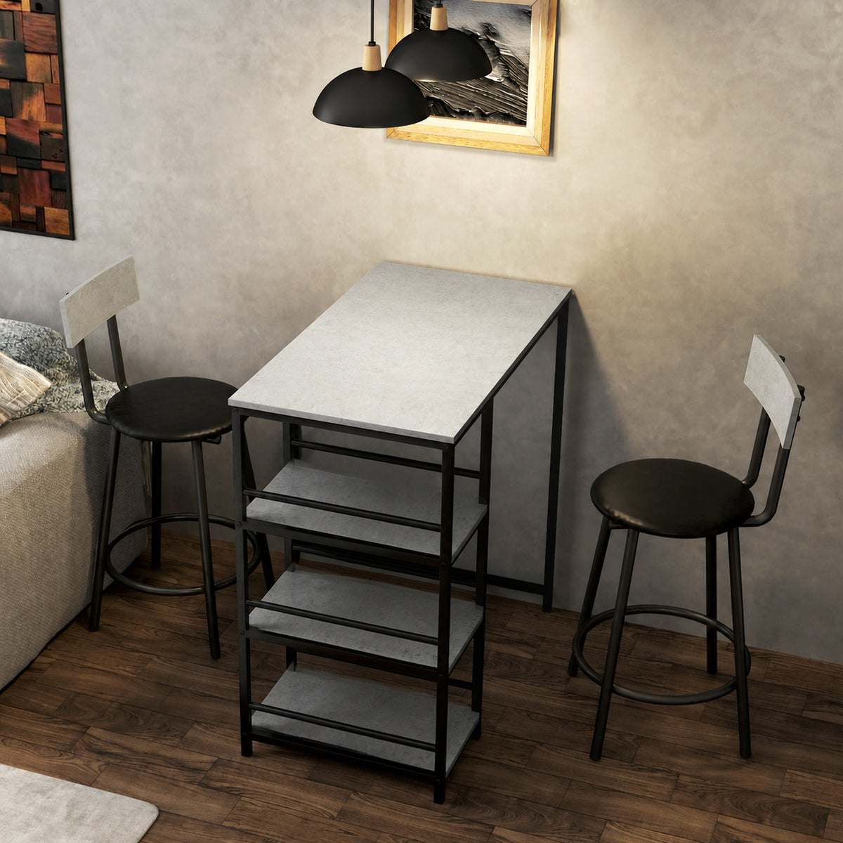 Ensemble table de bar avec 2 tabourets et étagères de rangement pour salle à manger, cuisine, gris et noir-1