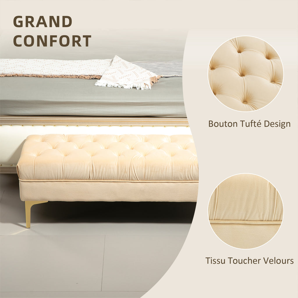 Banc banquette capitonnée bout de lit style classique chic dim. 118L x 45l x 42H cm piètement métal doré velours beige-4